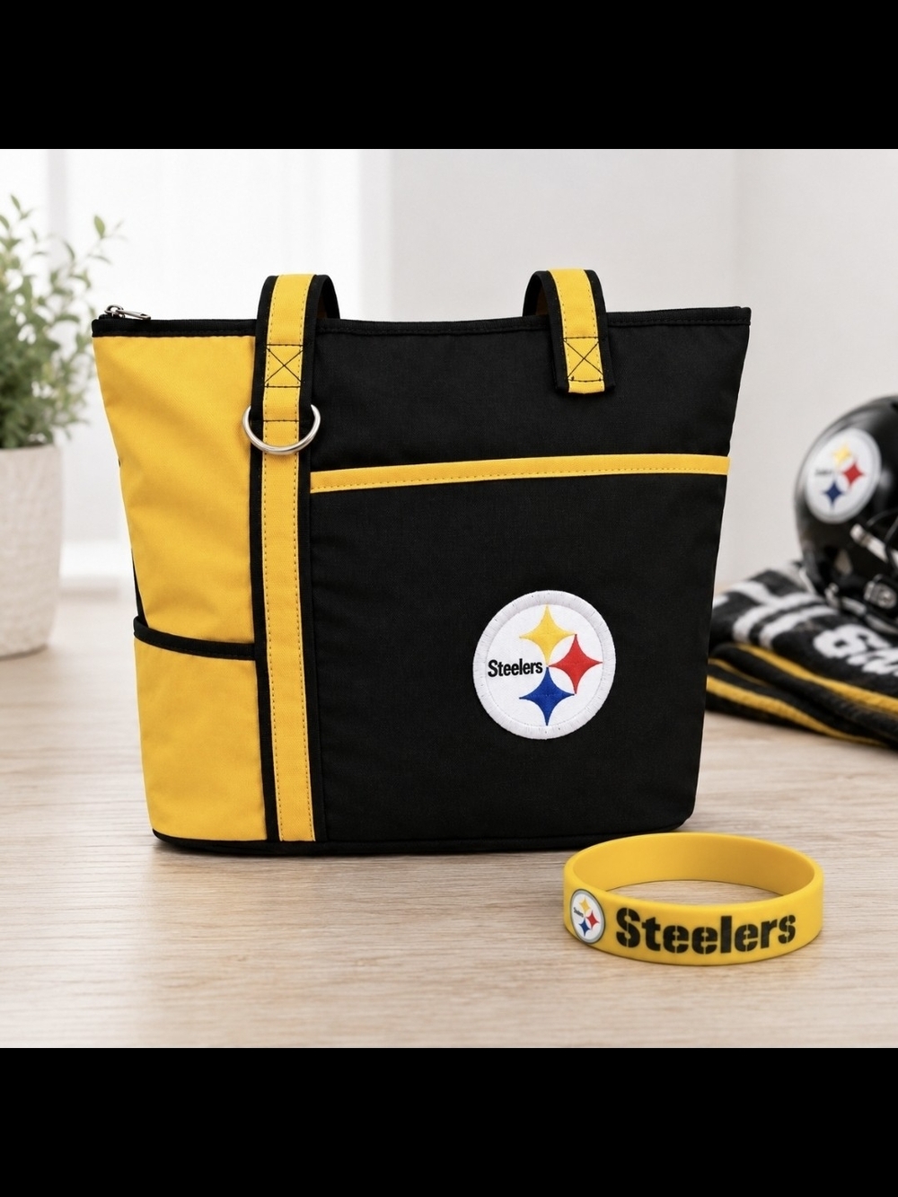 Pittsburgh Steelers Tote Bag + Matching Silicone Bracelet Fan Bundle